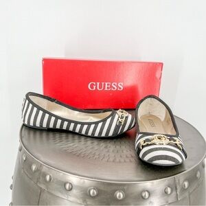 GUESS KARLYN BLACK WHITE CANVAS STRIPES,G GOLD CRYSTAL LOGO BALLET FLATS,SHOES